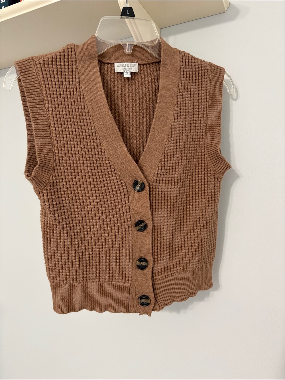 Brown Knit Button-Front Sleeveless Sweater